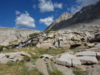 Stephen and Erik navigating the slabs and streams up Darwin Canyon