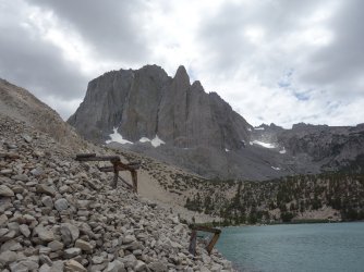 Second Lake dam with a now cloudy Temple Crag